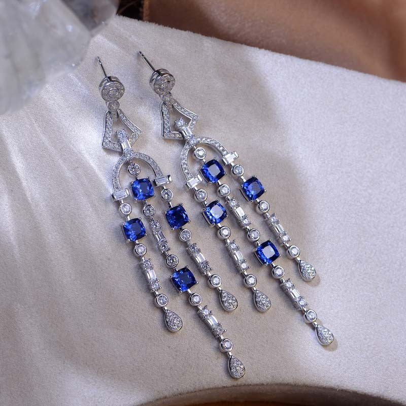 Tassels Lab-Created Sapphires Silver Drop Earrings