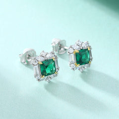 Green Square Zircon Flower Design Silver Studs Earrings for Women