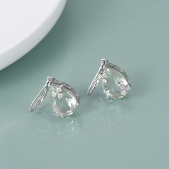 Personalized Design Natural Cyan Crystal Pear Drop Three Prongs with Flower Silver Drop Earrings for Women