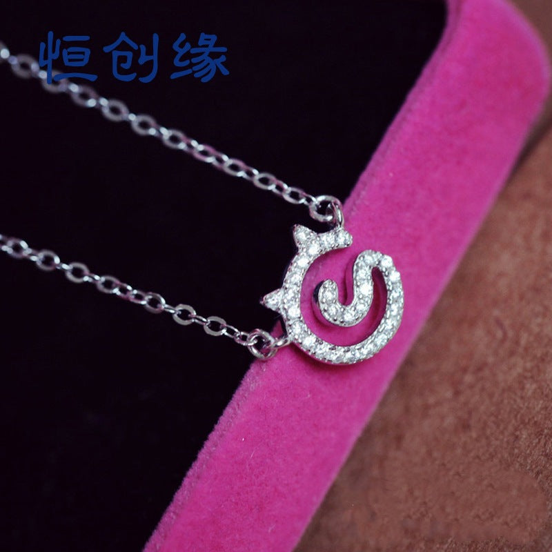 Zircon Cute Cat Pendant Silver Necklace for Women