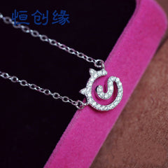 Zircon Cute Cat Pendant Silver Necklace for Women