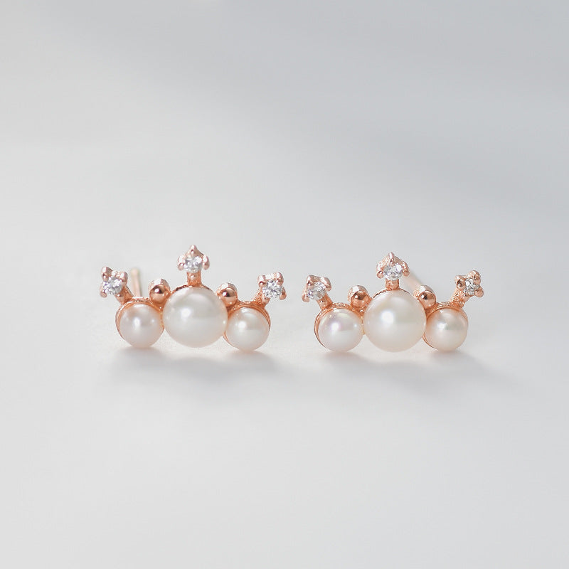 Three Pearl Small Crown Silver Stud Earrings for Women