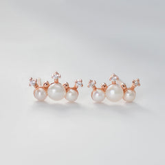 Three Pearl Small Crown Silver Stud Earrings for Women