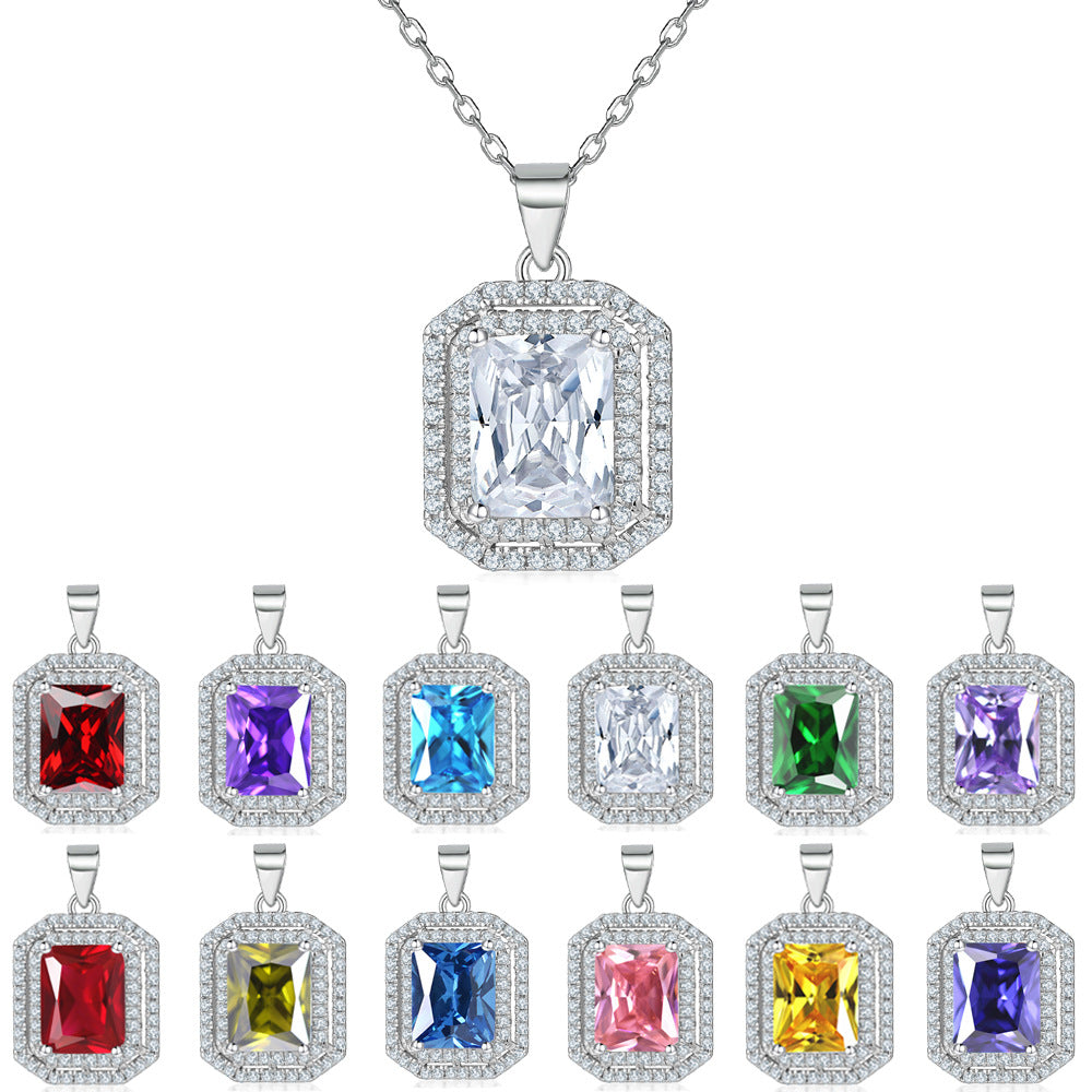 Rectangular Zircon Soleste Halo Pendant Silver Necklace for Women