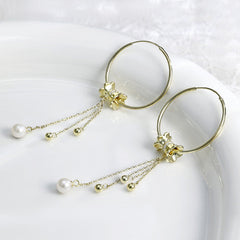 Tassel with Pearl Silver Hoop Earrings for Women