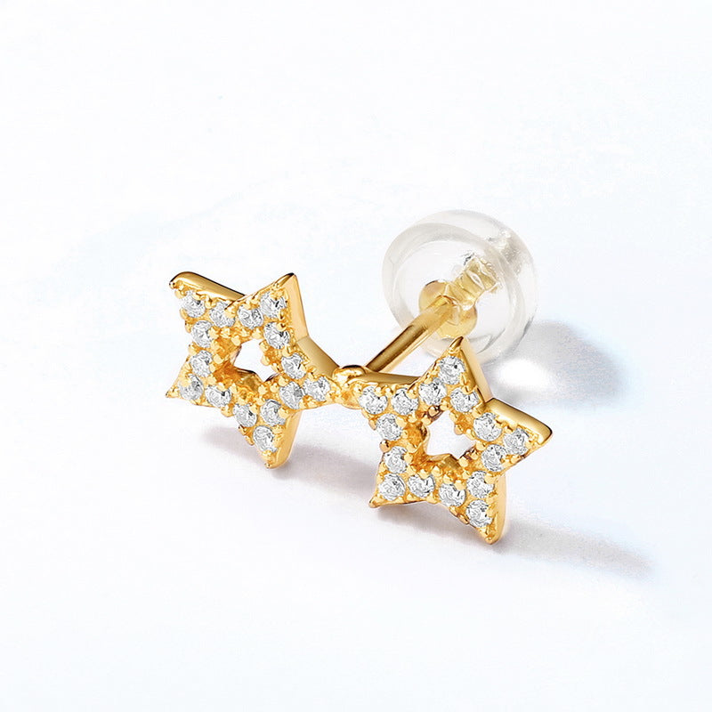 Zircon Hollow Stars Asymmetric Sterling Silver Stud Earrings