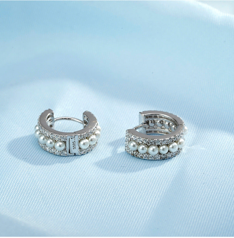 Zircon Pearl Silver Hoop Earrings