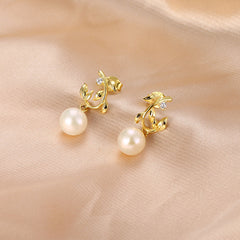 Olive Branch with Natural Pearl Silver Drop Earrings for Women