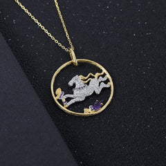 Animal Element Design Inlaid Natural Amethyst Horse Circle Pendant Silver Necklace for Women