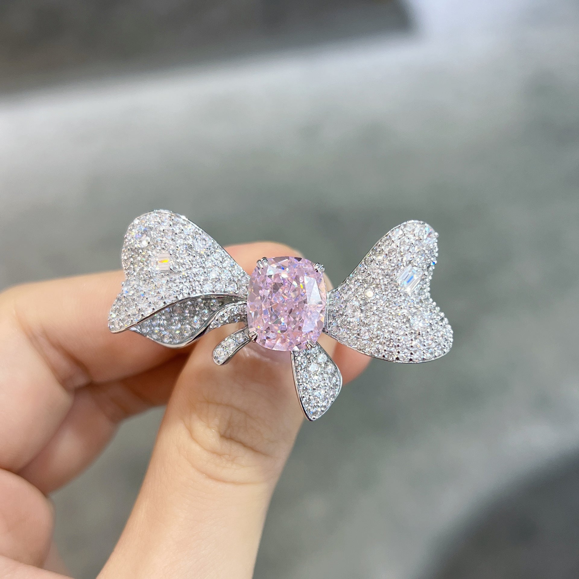(Three Colours) Zircon 10*12mm Rectangle Ice Cut Bowknot Silver Ring for Women