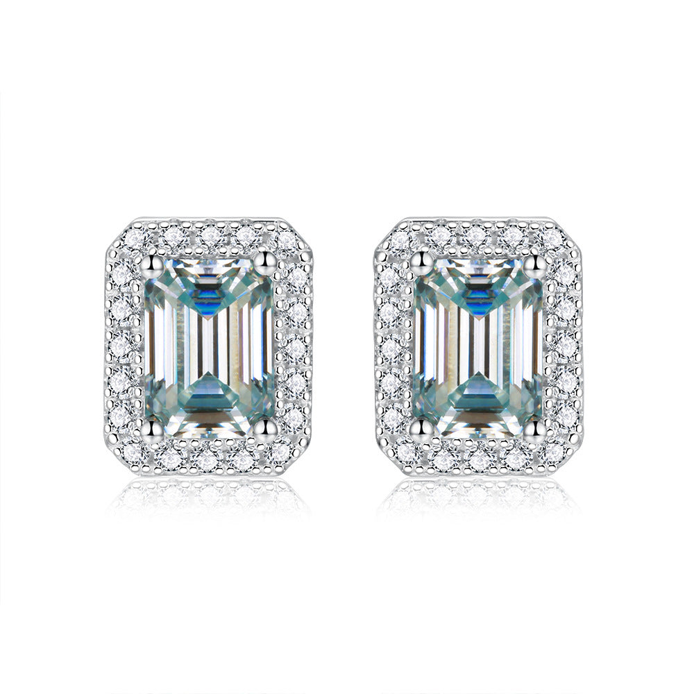 Soleste Halo 1.0 Carat Emerald Cut Moissanite Silver Stud Earrings