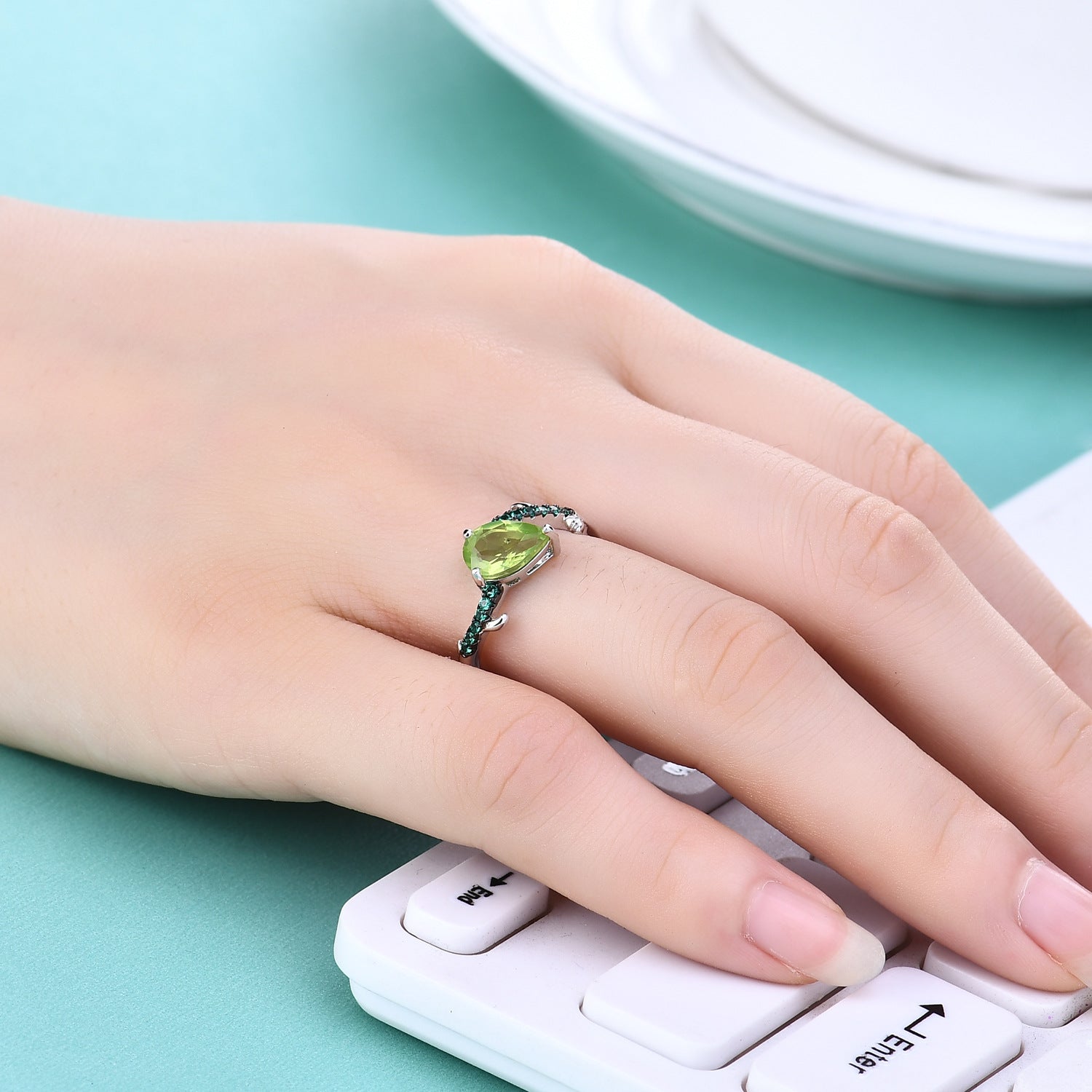 Thorn Bud Design Pear Shape Natural Gemstone Opening Silver Ring