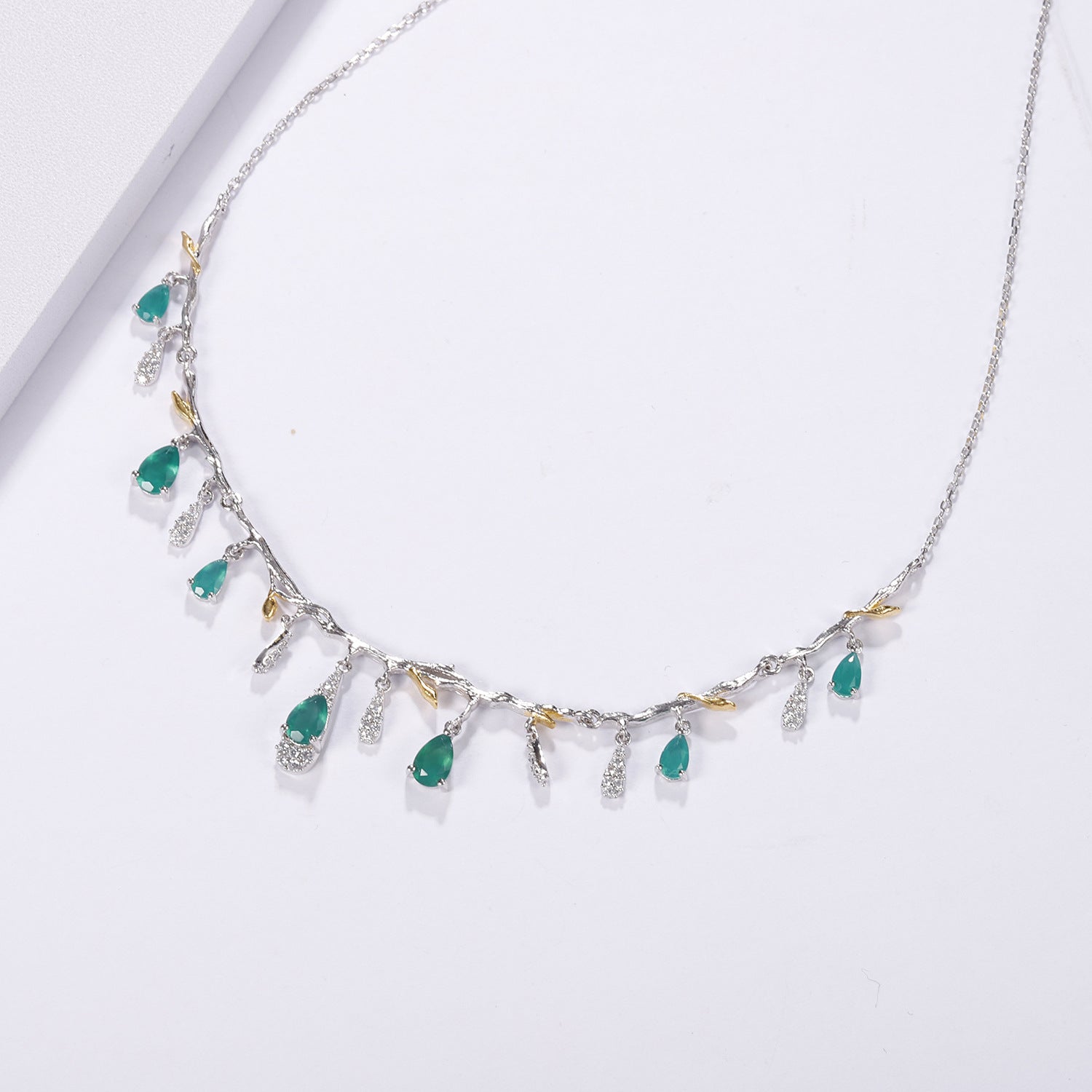 High-end Style Inlaid Natural Colourful Gemstone Flower Branch Design Silver Necklace for Women