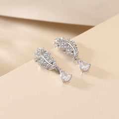 Pear Shape Zircon Pendant Feather Sterling Silver Drop Earrings