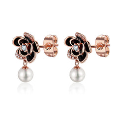 Zircon Petal Black Camellia with Pearl Silver Drop Earrings for Women