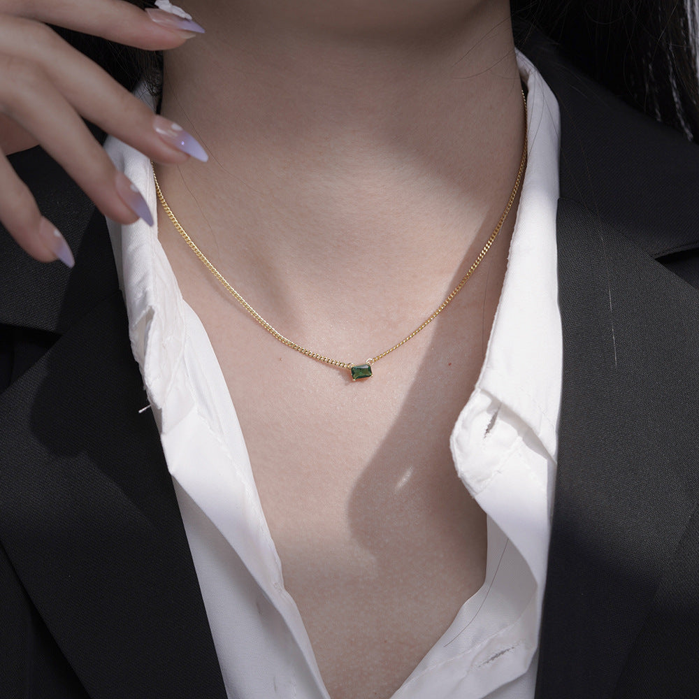 (Two Colours) Emerald Colour Zircon Little Rectangle Pendants 925 Silver Collarbone Necklace for Women