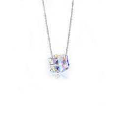 White Crystal Square Cube Pendant Silver Necklace for Women