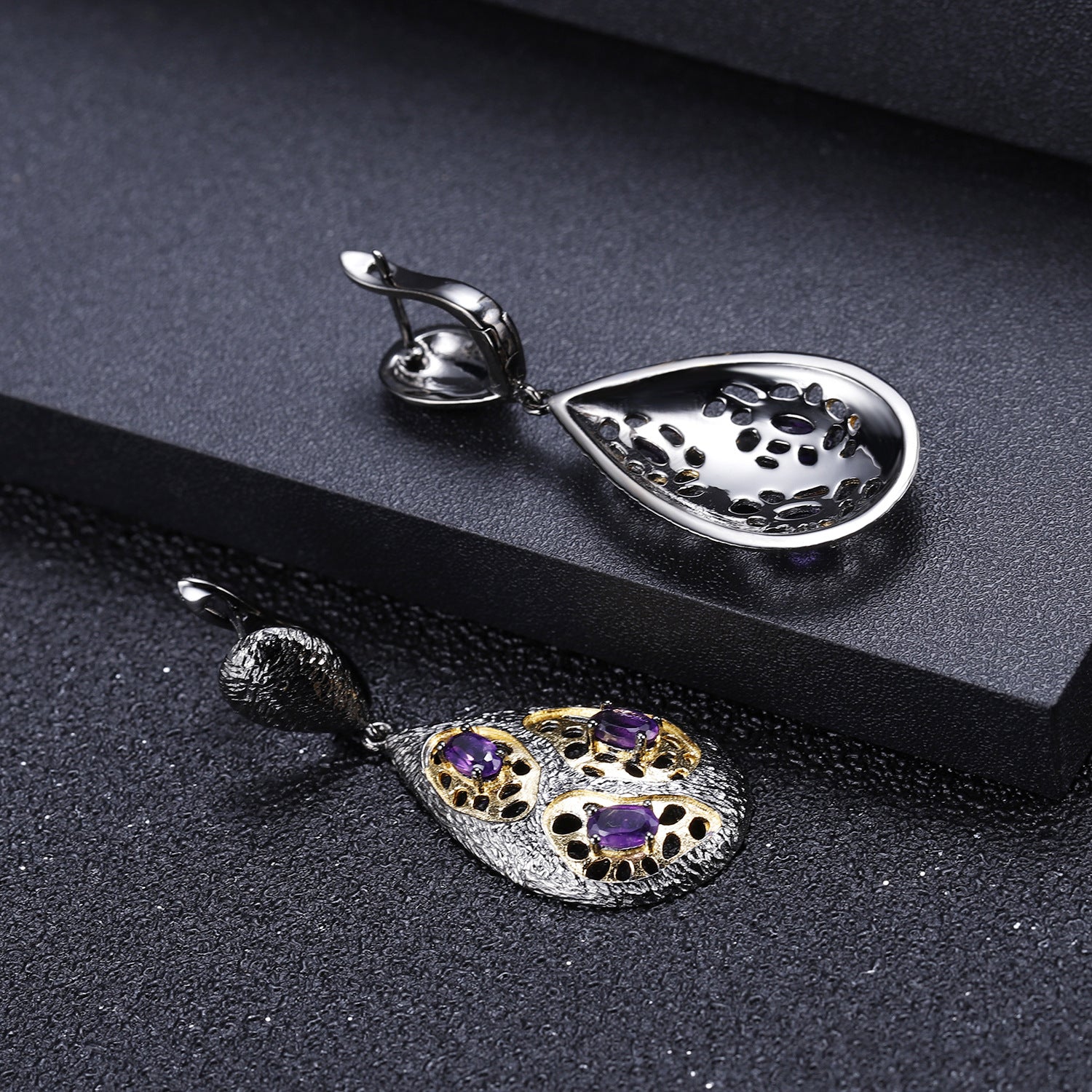 Italian Antique Style Inlaid Natural Colourful Gemstones Pear Drop Silver Earrings for Women