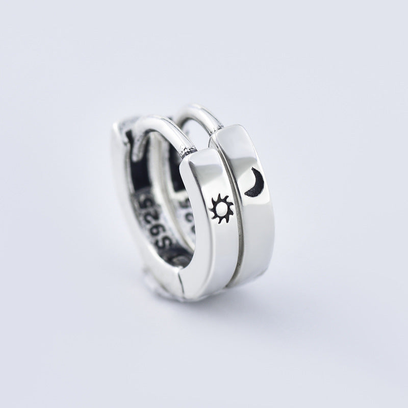 Asymmetric Sun and Moon Pattern Silver Hoop Earrings for Women