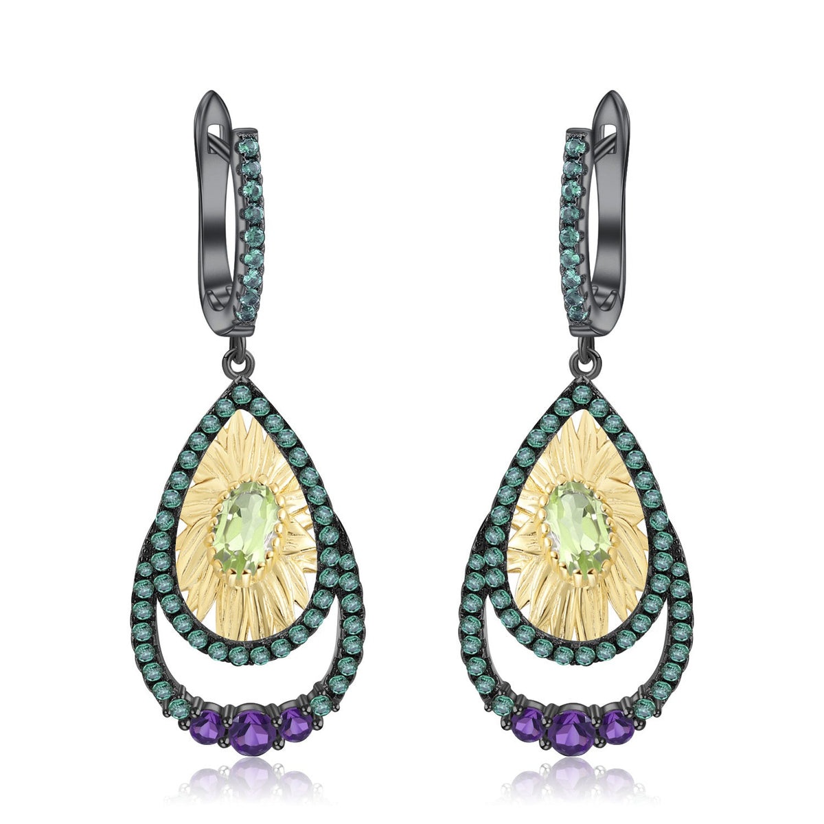 Italian Pear Drop with Sunflower Silver Drop Earrings for Women