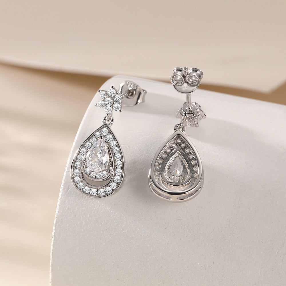 Water Drop Halo Pear Shape Zircon Pendant Star Sterling Silver Drop Earrings