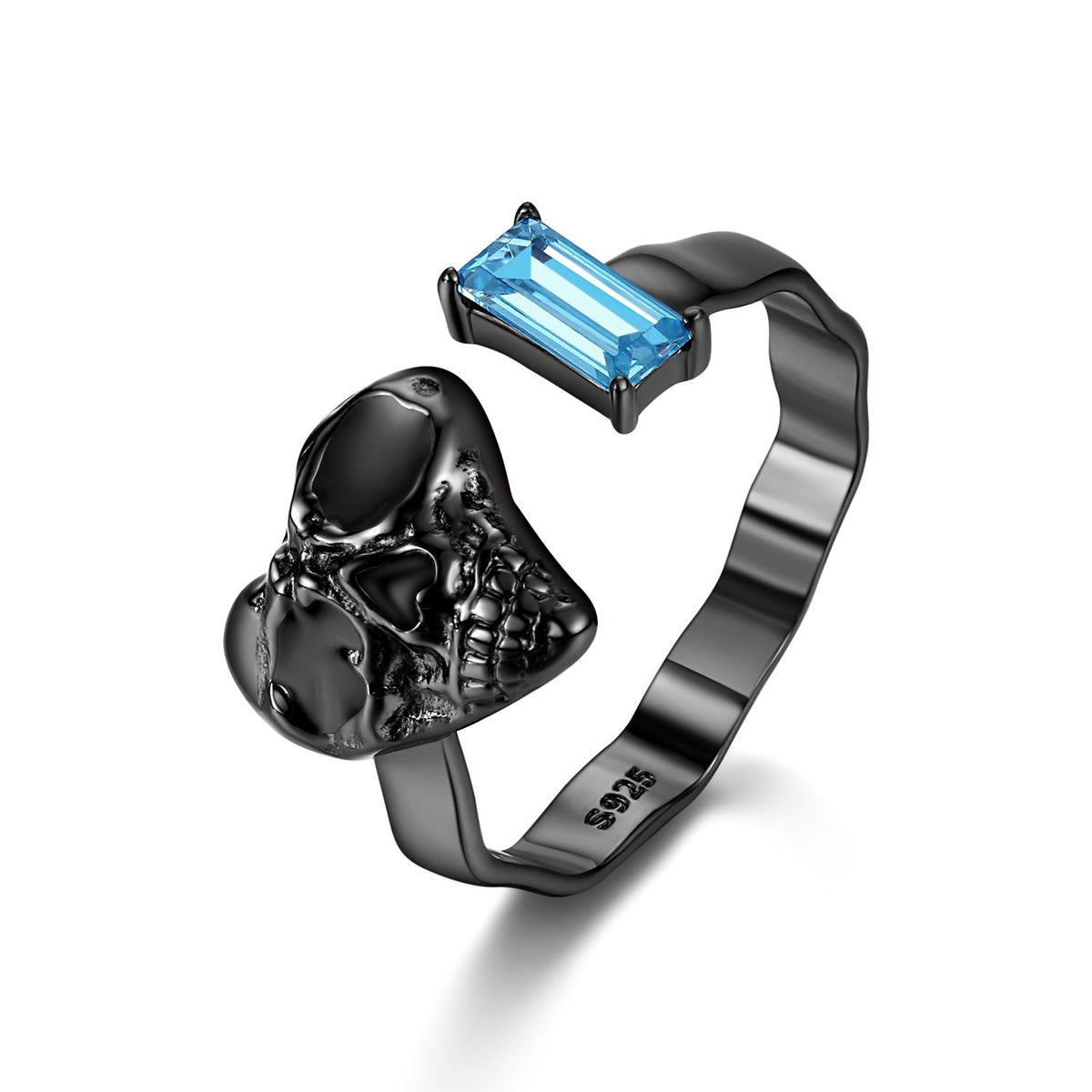 Halloween Heart Shape Skull Face Rectangle Blue Zircon Opening Silver Ring