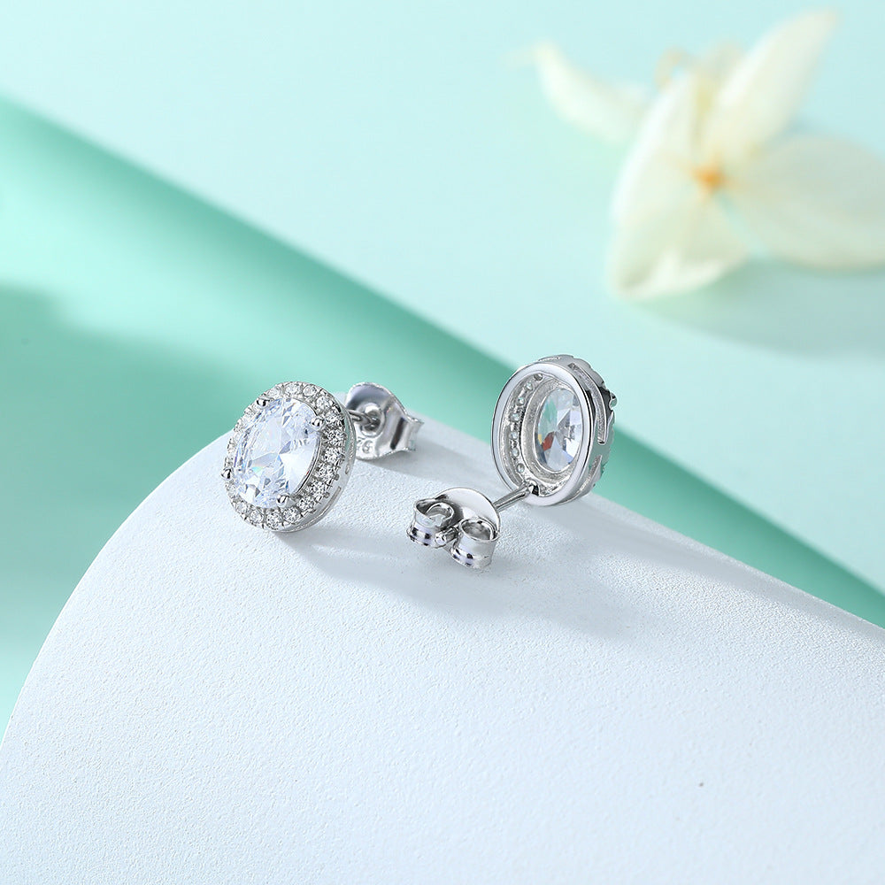 Oval Zircon Soleste Halo Silver Studs Earrings for Women