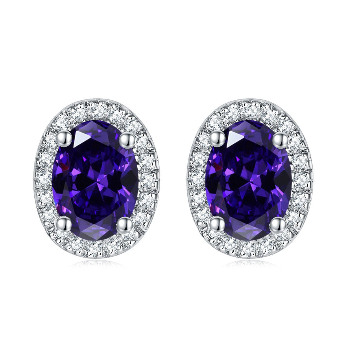 Oval Zircon Soleste Halo Silver Studs Earrings for Women