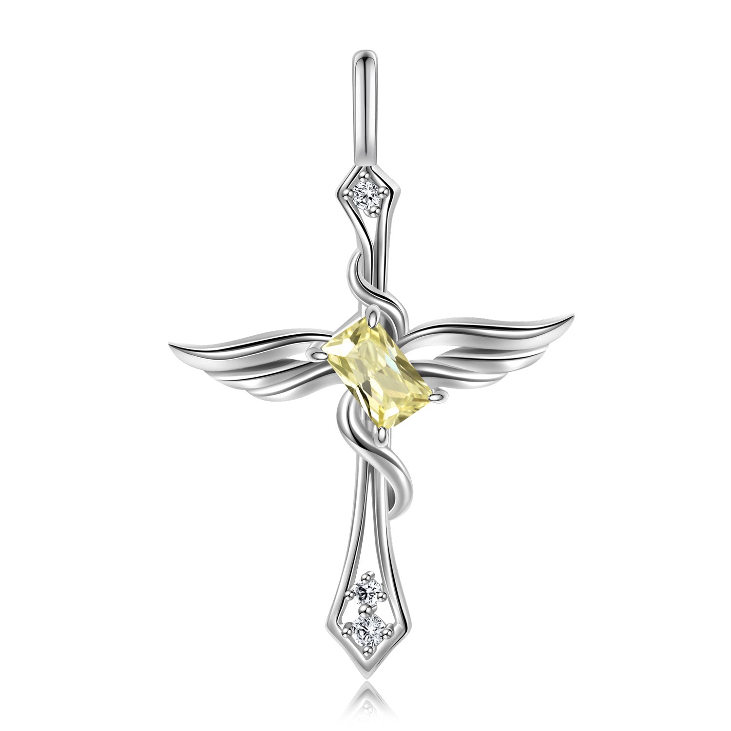 Colourful Radiant Cut Zircon Angle Wings Cross Pendant Silver Necklace