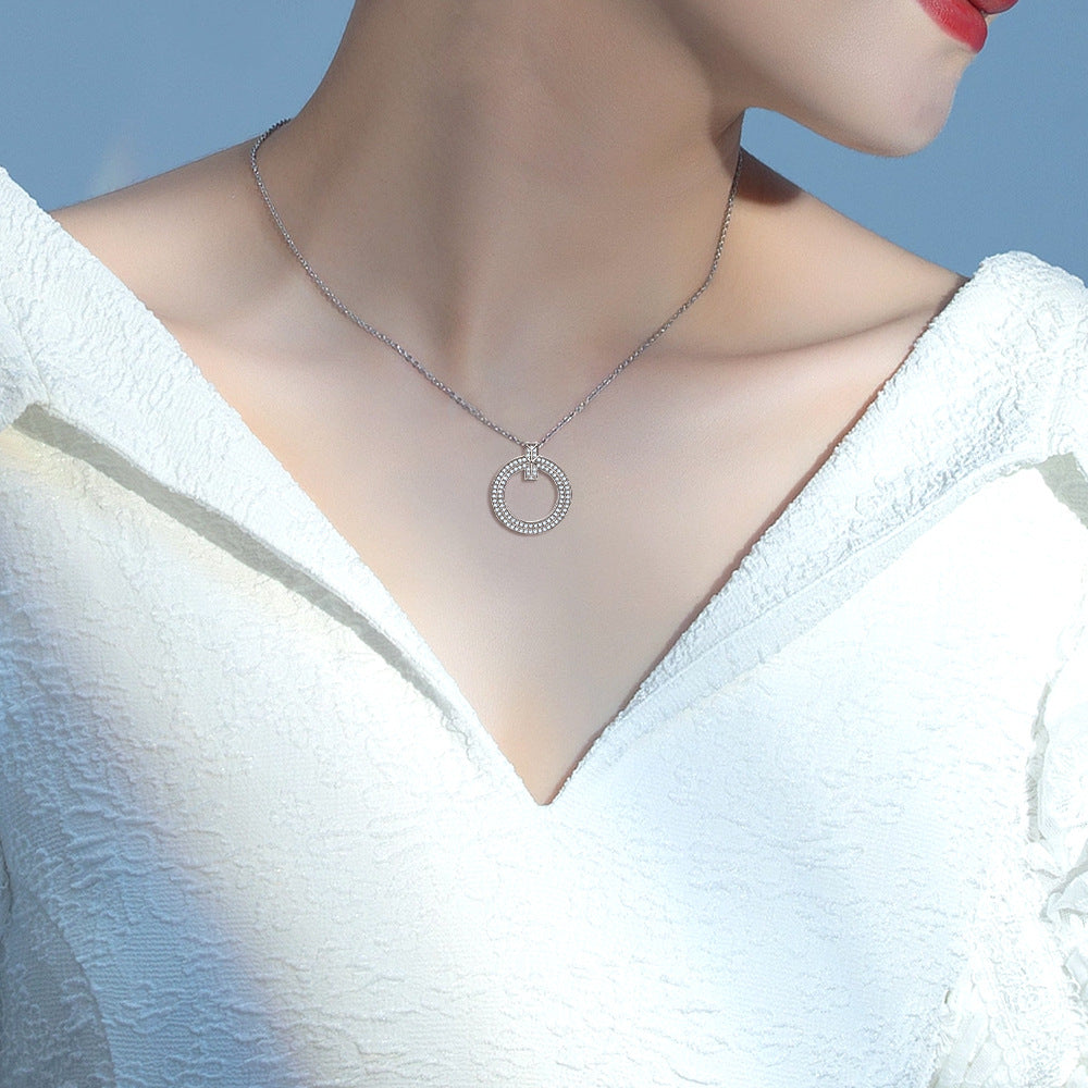 Zircon Hollow Circle Pendant Silver Necklace for Women