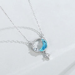 Blue Zircon Moon Star Pendants 925 Silver Collarbone Necklace for Women