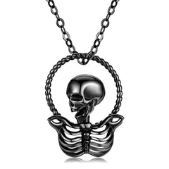 Halloween Black Skull Circle Pendant Silver Necklace