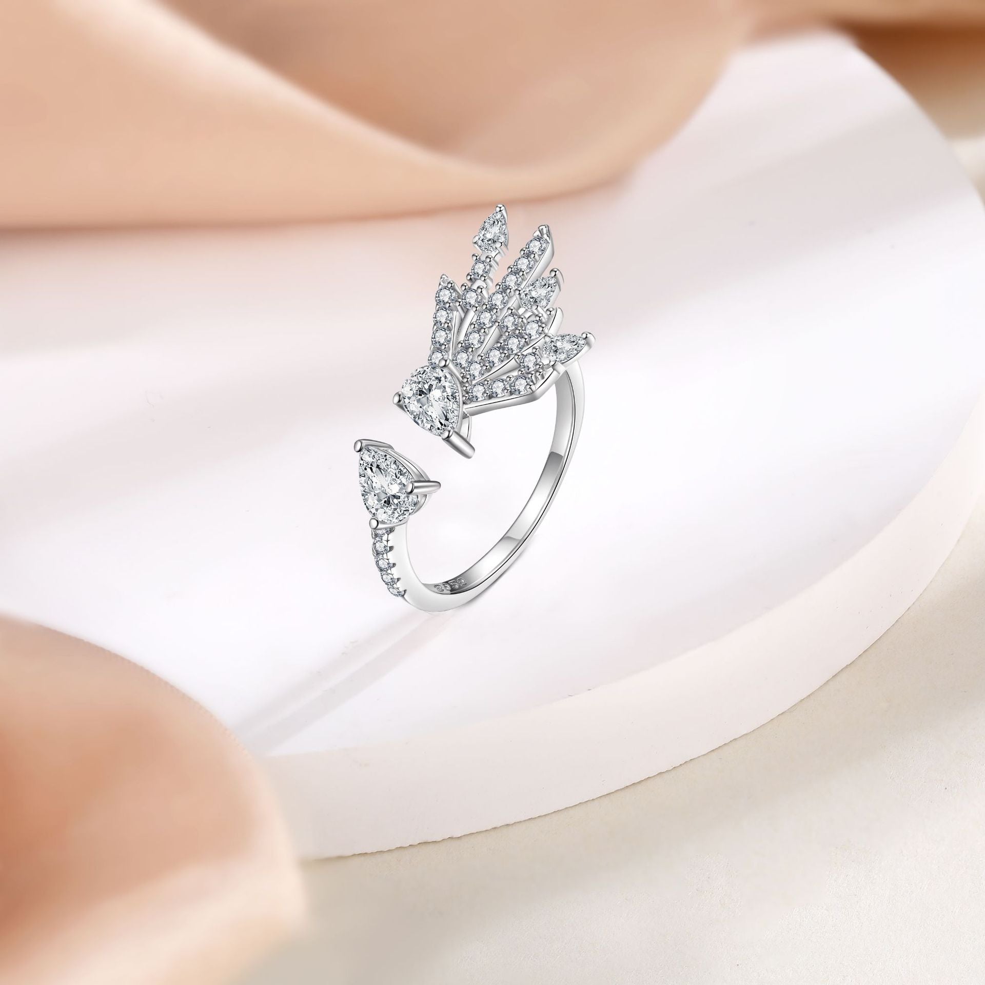 Double Pear Shape Zircon Firework Opening Sterling Silver Ring