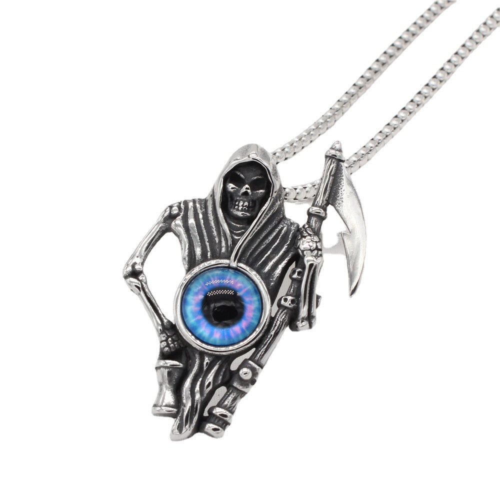 Halloween Scythe Ghost Eye Skull Titanium Steel Pendant for Men