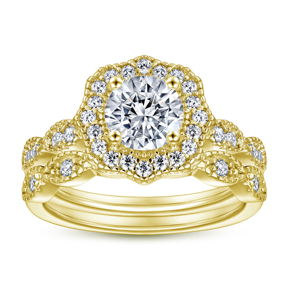 Round Zircon Flower Soleste Halo Retro Pattern Silver Ring Set