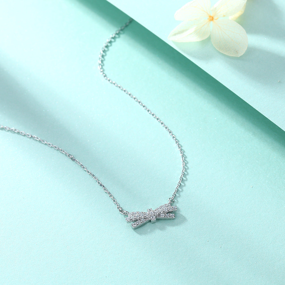 Zircon Bow Pendant Silver Necklace for Women