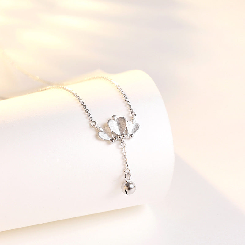 Three Heart Crown Tassel Small Bell Silver Necklace for Women