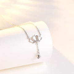 Three Heart Crown Tassel Small Bell Silver Necklace for Women