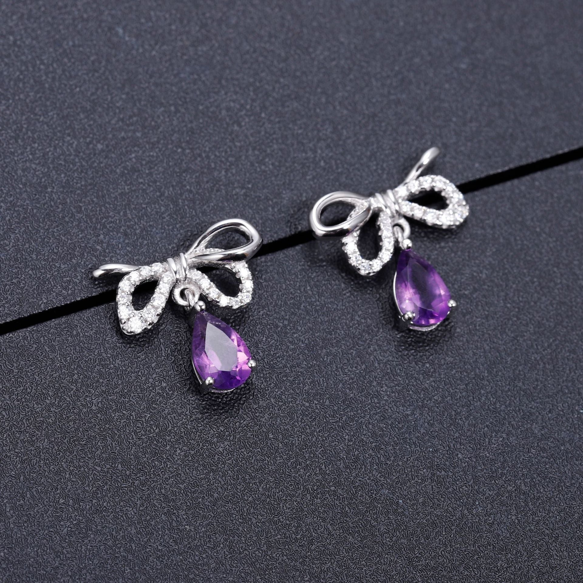 Sweet Bowknot Pear Shape Natural Gemstone Silver Drop Earrings