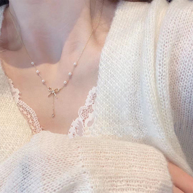 (Two Colours) White Zircon Bowknot with Beading Natural Pearl Pendants Collarbone Necklace for Women