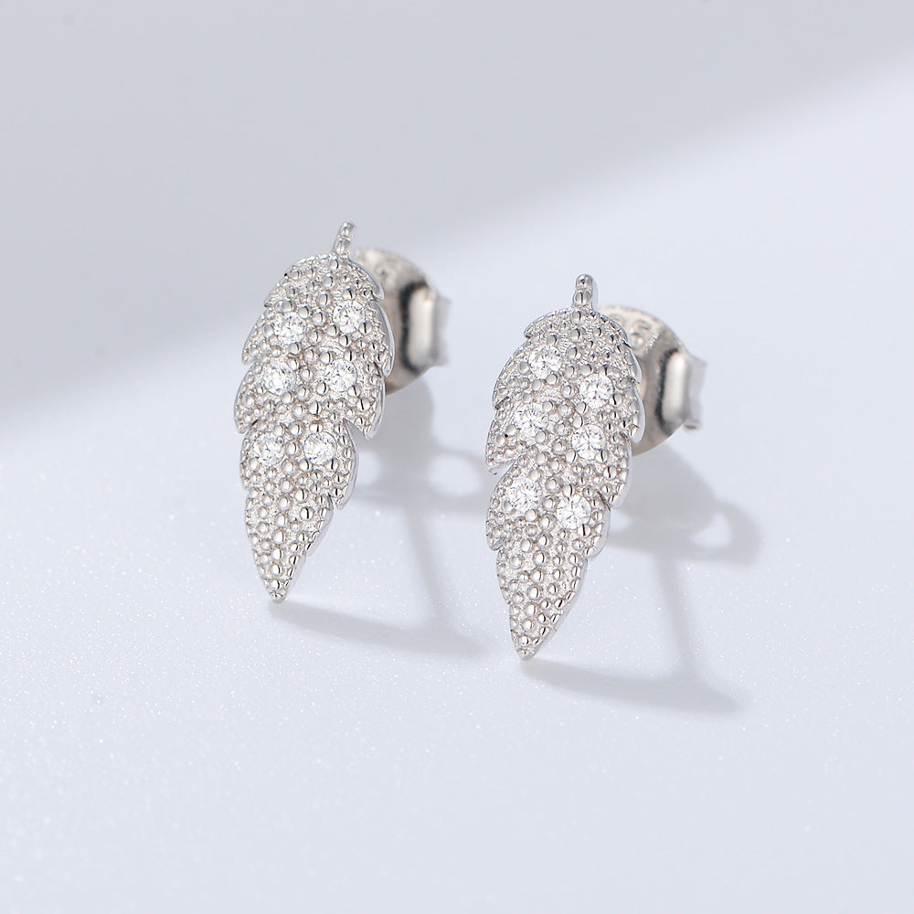 Leaf with Zircon Silver Studs Earrings for Women