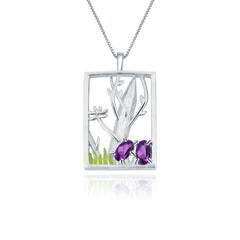 Natural Style Colourful Gemstone Rectangle with Forest Pendant Silver Necklace for Women