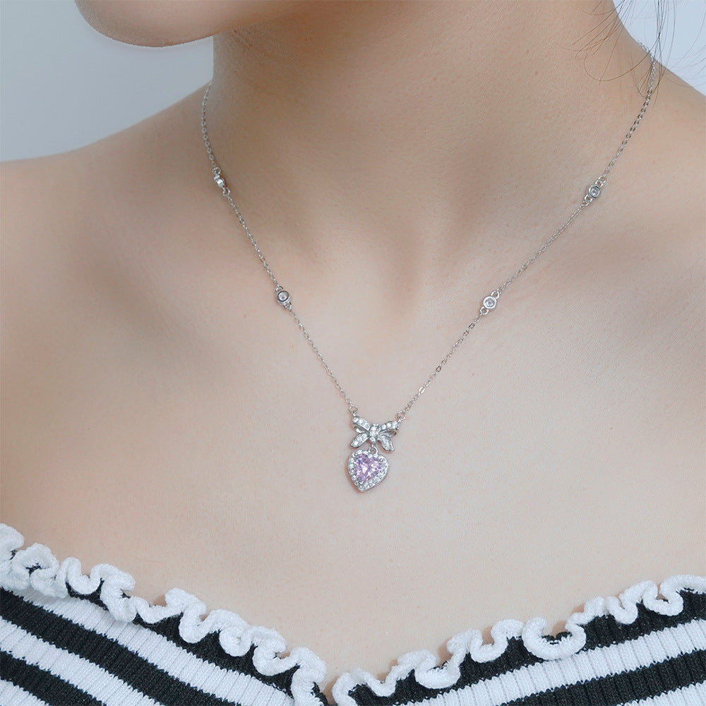 Bowknot Heart Shape Zircon Silver Necklace