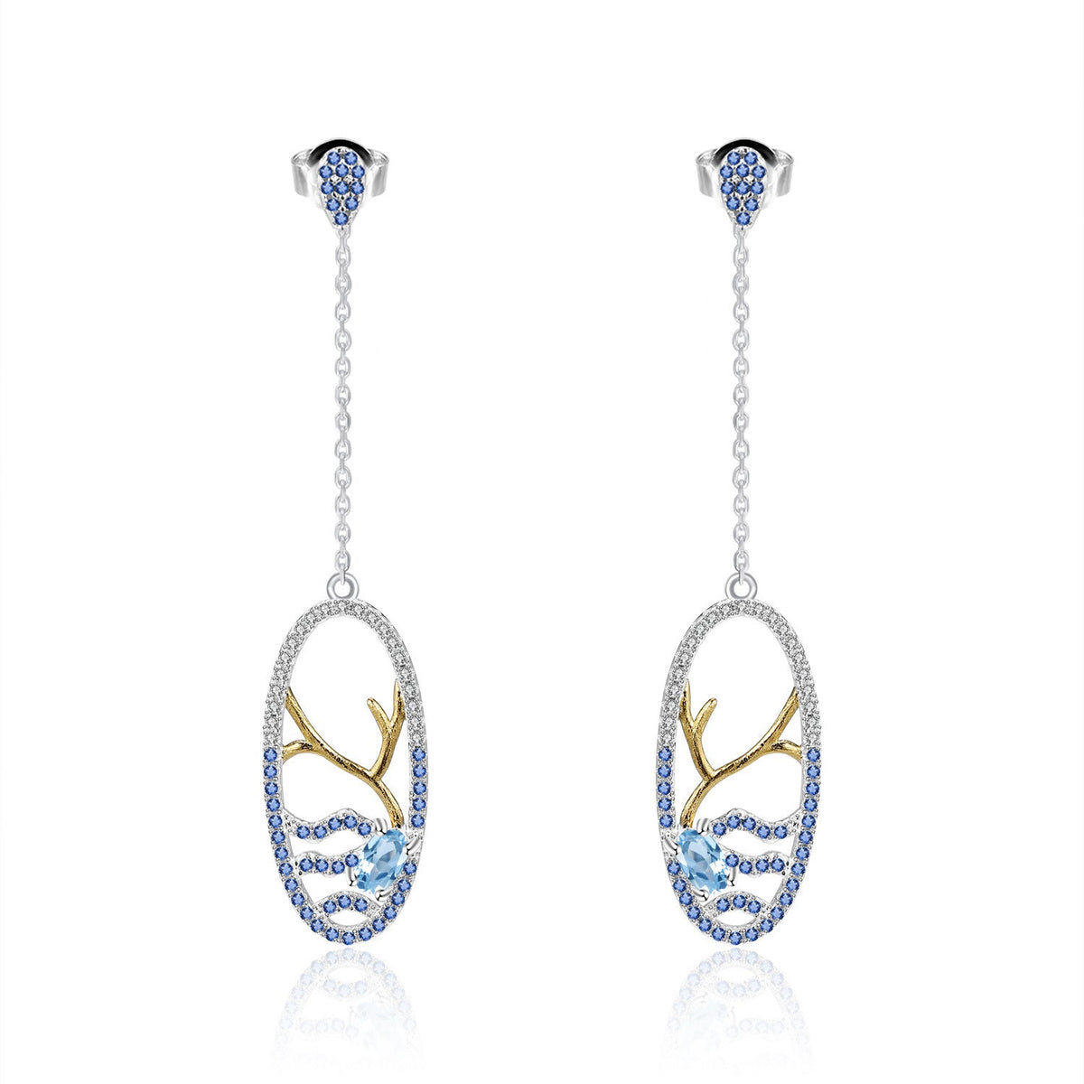 Natural Topaz Lake In Oval Long Design Silver Drop Earrings for Women