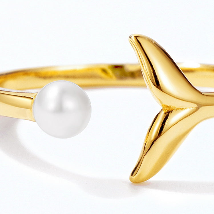 Mermaid Tail Round Pearl Opening Sterling Silver Ring