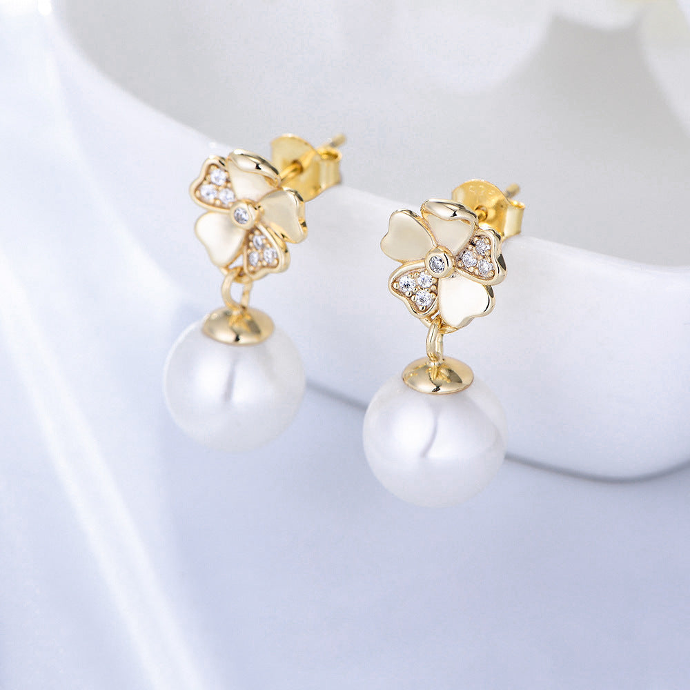 Ball Pearl with Zircon Flower Silver Drop Earrings for Women