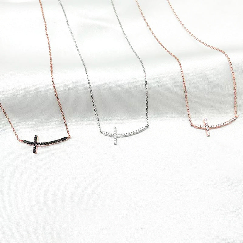 Zircon Curved Cross Silver Necklace