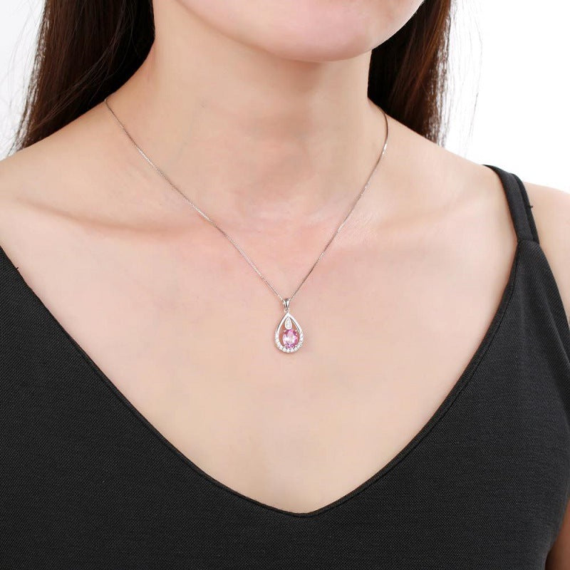 Water Droplet Pendant Oval Natural Gemstone Silver Necklace