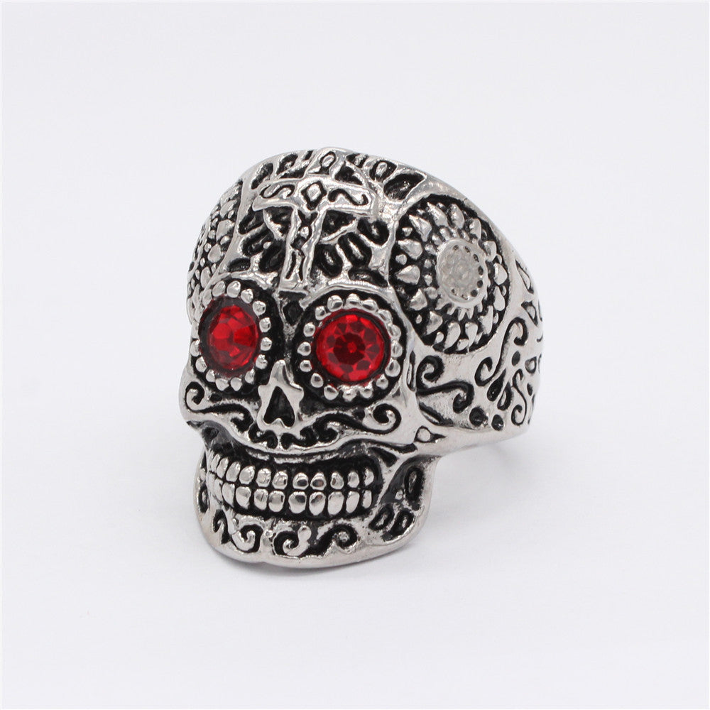 Halloween Mexican Ghost Skull Zircon Titanium Steel Ring for Men