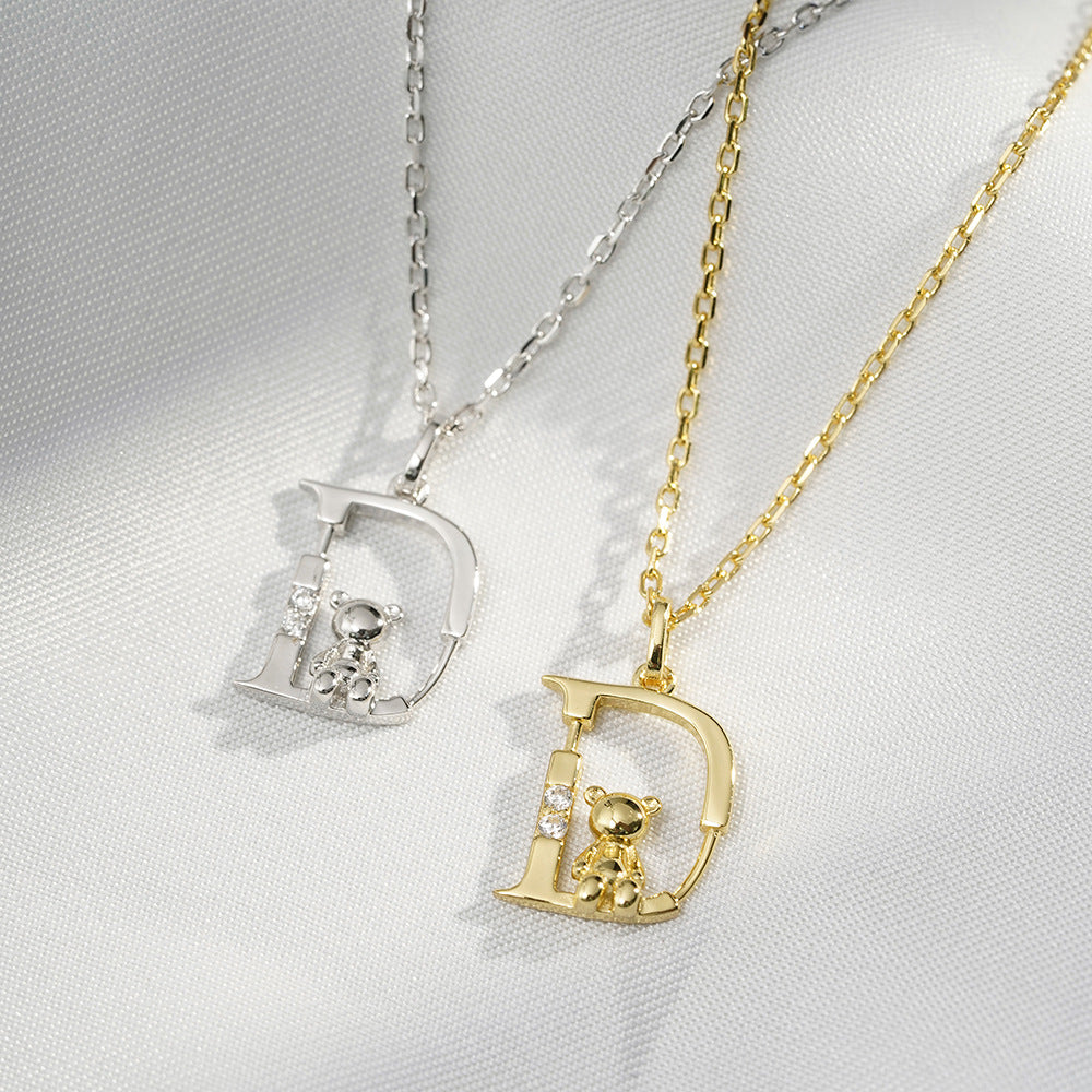 (Two Colours) Letter D with Little Bear Pendants Collarbone Necklace for Women